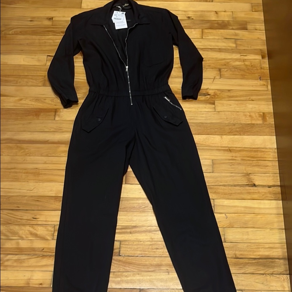 Zara Z1975 Denim Navy Blue Cuffed Sleeve Collar Jumpsuit